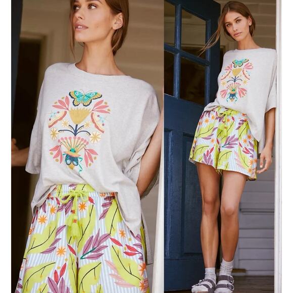 Mary O’Malley x Anthropologie Graphic Tee Size XS/S NWT Gray Oversized Boho Top - Picture 1 of 15